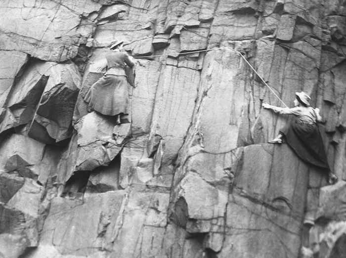 Lucy Smith and Pauline Ranken of the Ladies’ Scottish Climbing Club climbing the Salisbury Crags in 1908