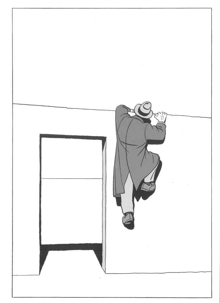We see the Traveler from the back, climbing a wall to the right of a gate. (From: Sens / Marc-Antoine Mathieu © Éditions Delcourt, 2014).
